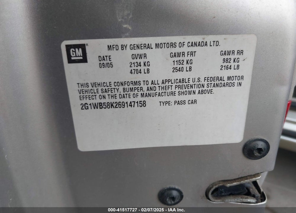 2006 CHEVROLET IMPALA VIN: 2G1WB58K269147158