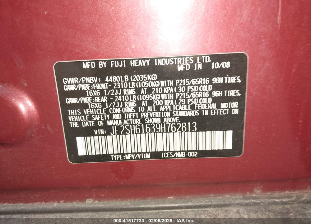 2009 SUBARU FORESTER 2.5X VIN: JF2SH61639H762813