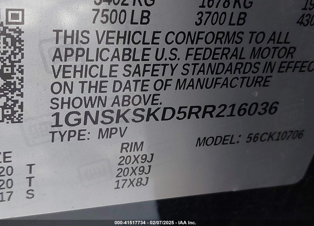 2024 CHEVROLET TAHOE 4WD PREMIER VIN: 1GNSKSKD5RR216036