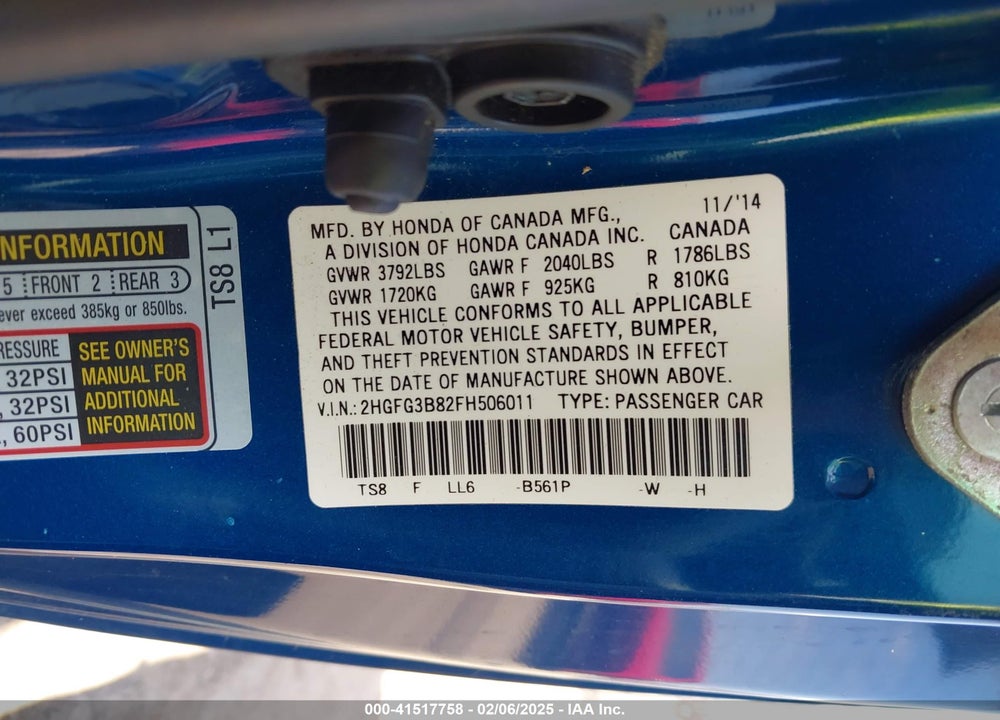 2015 HONDA CIVIC VIN: 2HGFG3B82FH506011