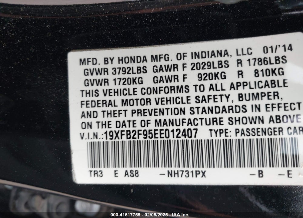 2014 HONDA CIVIC VIN: 19XFB2F95EE012407