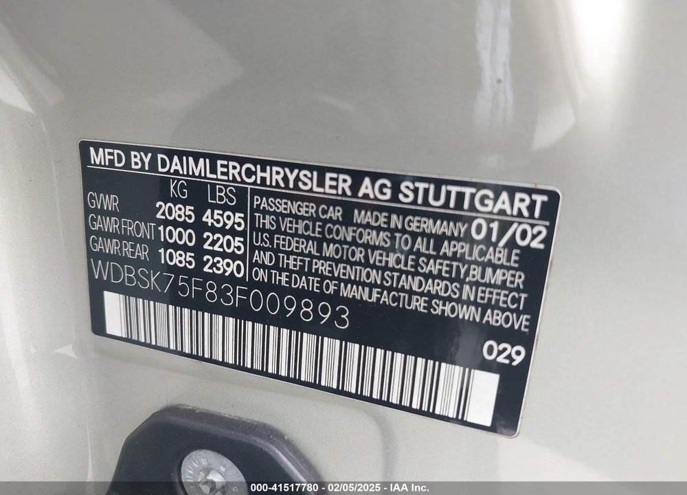 2003 MERCEDES-BENZ SL-CLASS BASE (A5) VIN: WDBSK75F83F009893