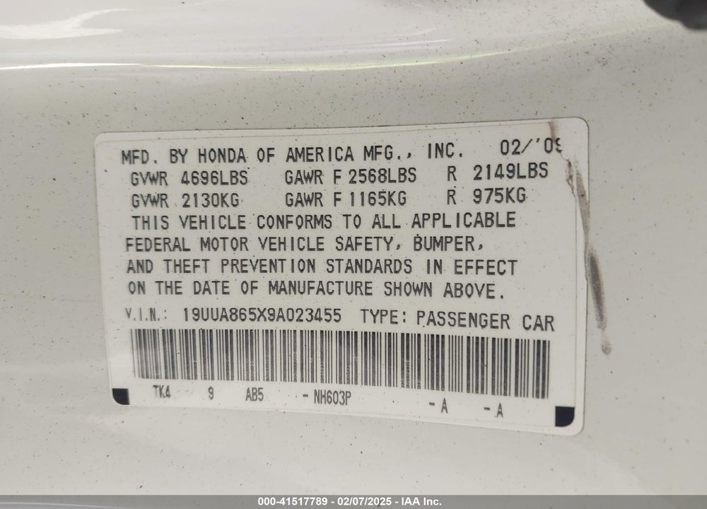 2009 ACURA TL 3.5 VIN: 19UUA865X9A023455