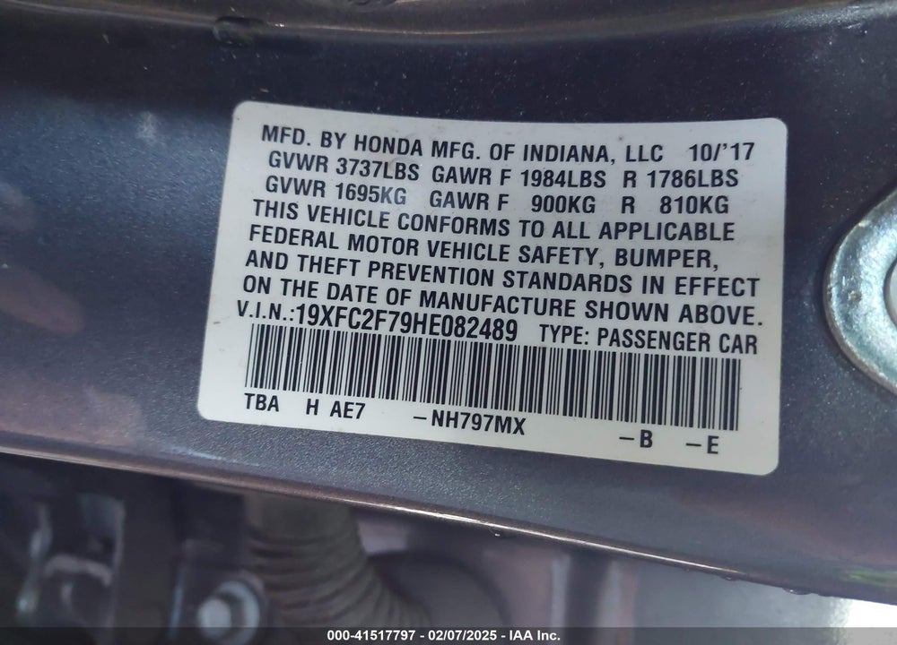 2017 HONDA CIVIC VIN: 19XFC2F79HE082489