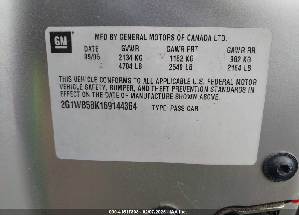 2006 CHEVROLET IMPALA LS VIN: 2G1WB58K169144364