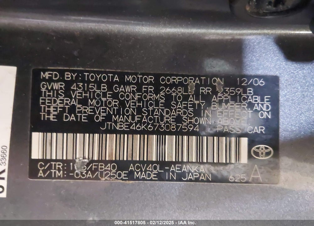 2007 TOYOTA CAMRY LE VIN: JTNBE46K673087594