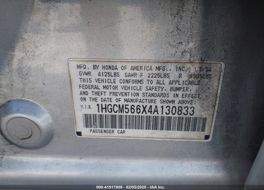 2004 HONDA ACCORD 2.4 EX VIN: 1HGCM566X4A130833