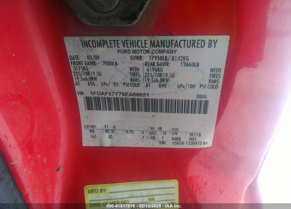 2009 FORD F-550 CHASSIS XL/XLT VIN: 1FDAF57Y79EA66651