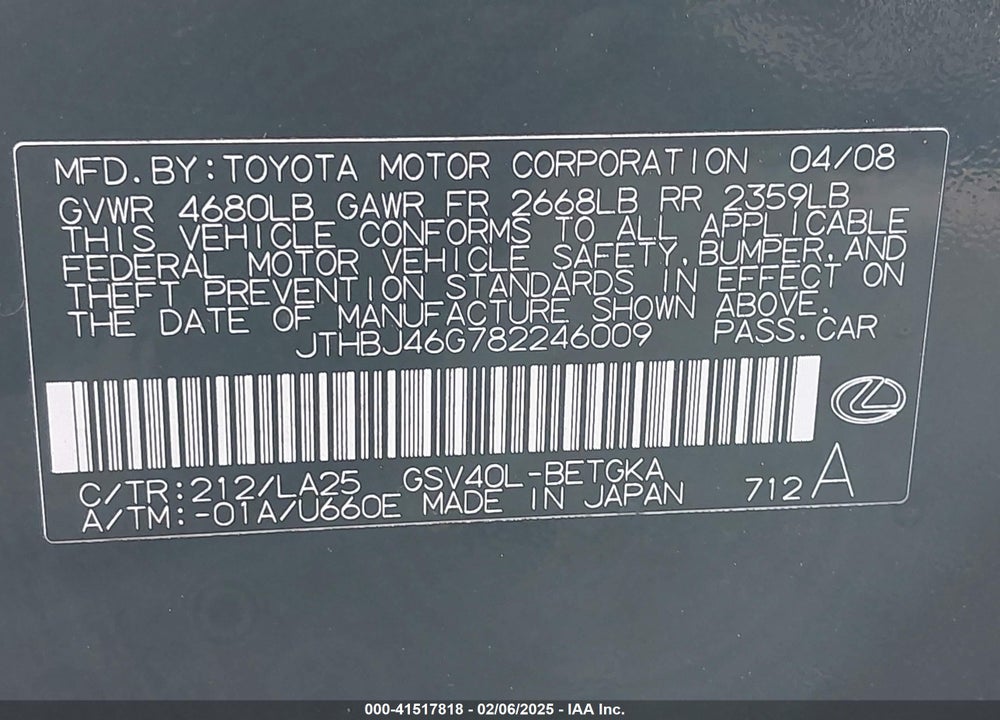 2008 LEXUS ES 350 VIN: JTHBJ46G782246009