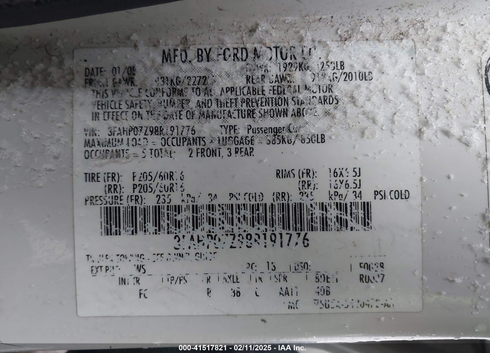 2008 FORD FUSION SE VIN: 3FAHP07Z98R191776