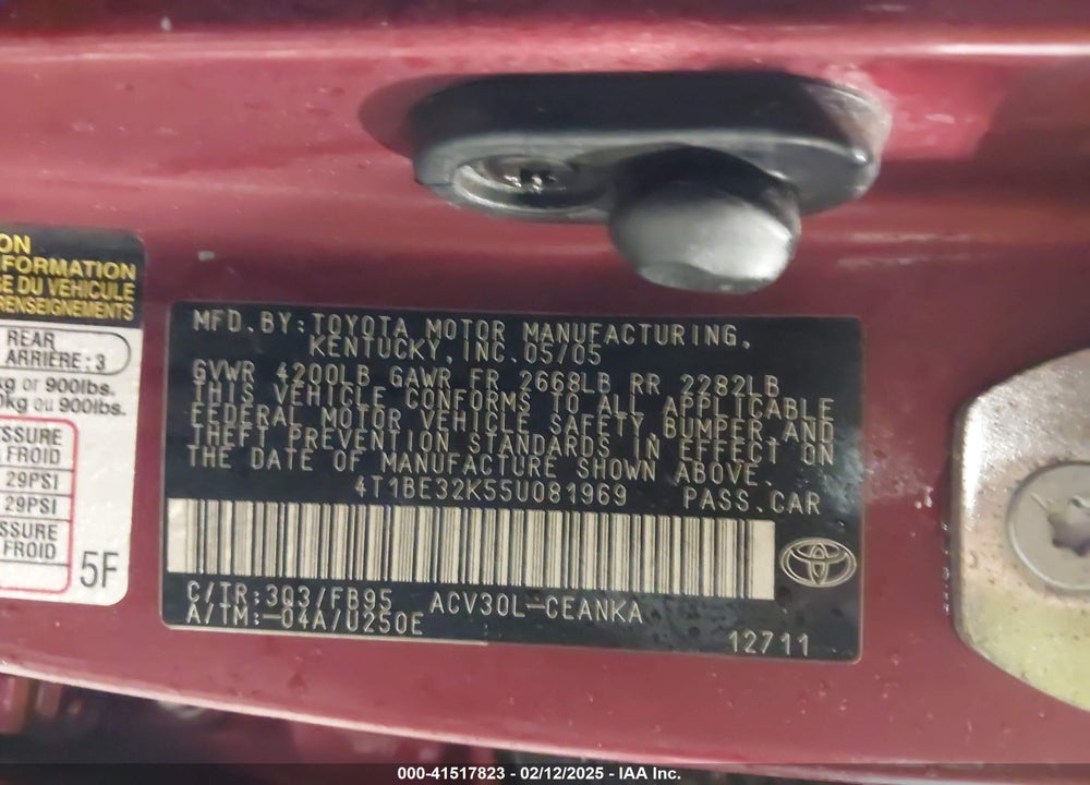 2005 TOYOTA CAMRY LE VIN: 4T1BE32K55U081969