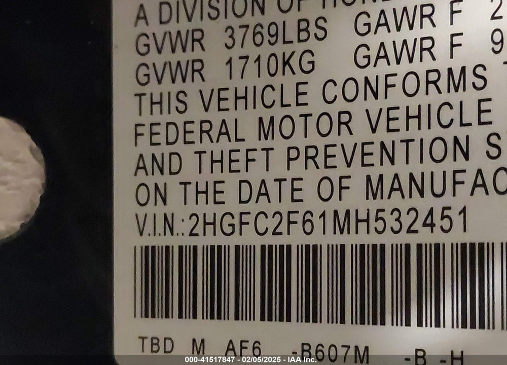 2021 HONDA CIVIC LX VIN: 2HGFC2F61MH532451