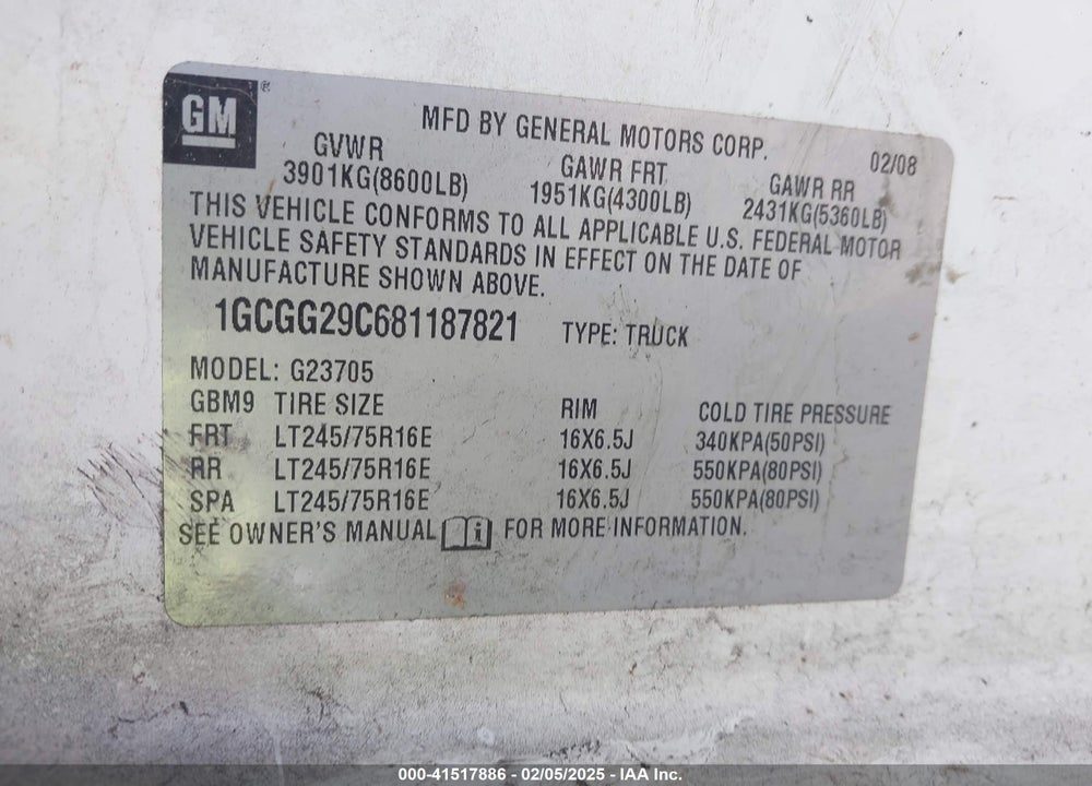 2008 CHEVROLET EXPRESS WORK VAN VIN: 1GCGG29C681187821