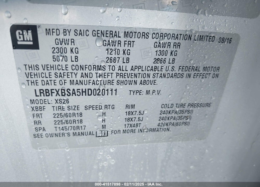 2017 BUICK ENVISION VIN: LRBFXBSA5HD020111
