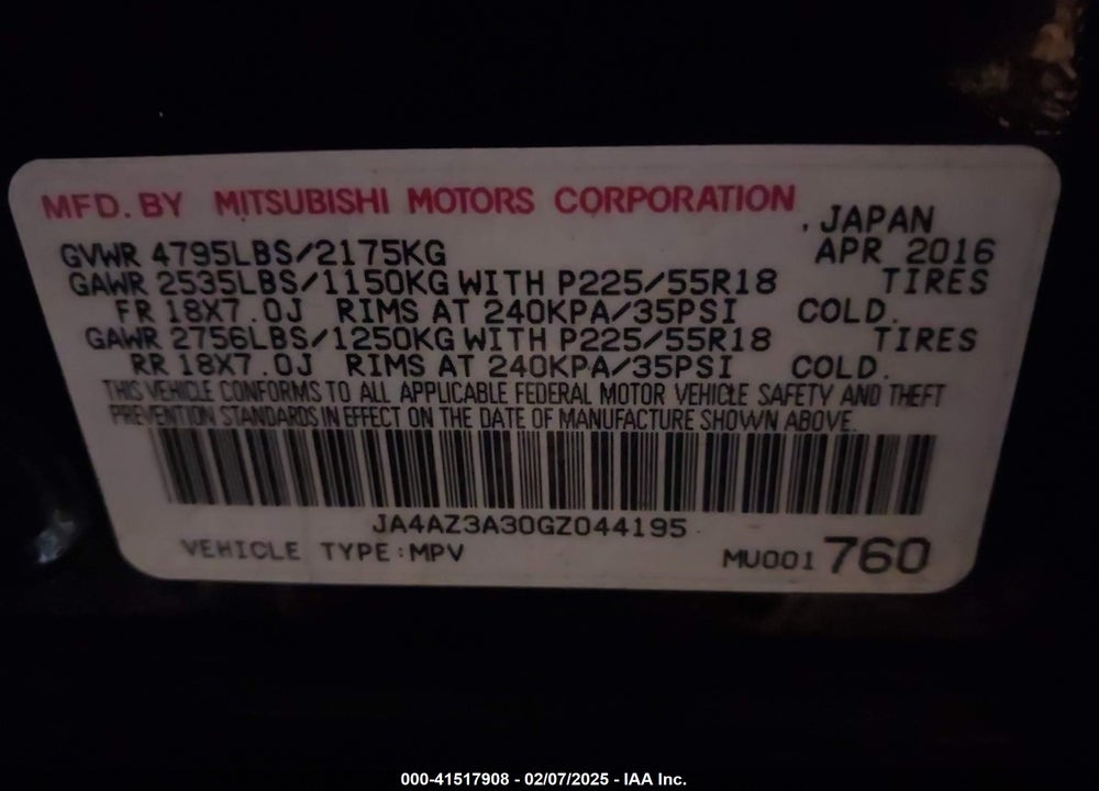 2016 MITSUBISHI OUTLANDER VIN: JA4AZ3A30GZ044195