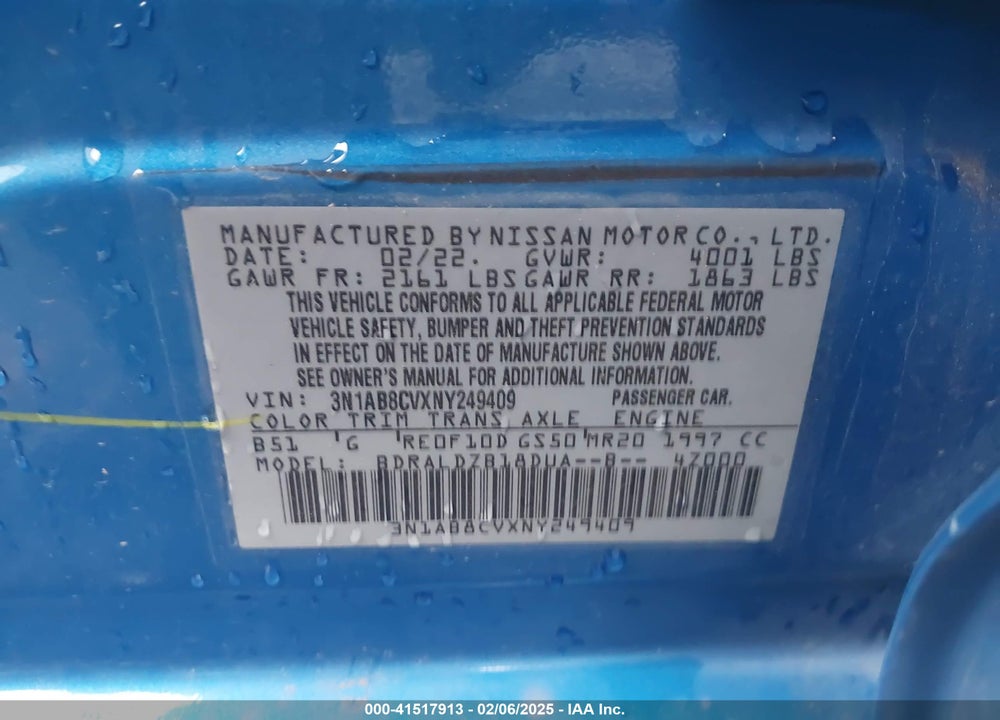 2022 NISSAN SENTRA VIN: 3N1AB8CVXNY249409