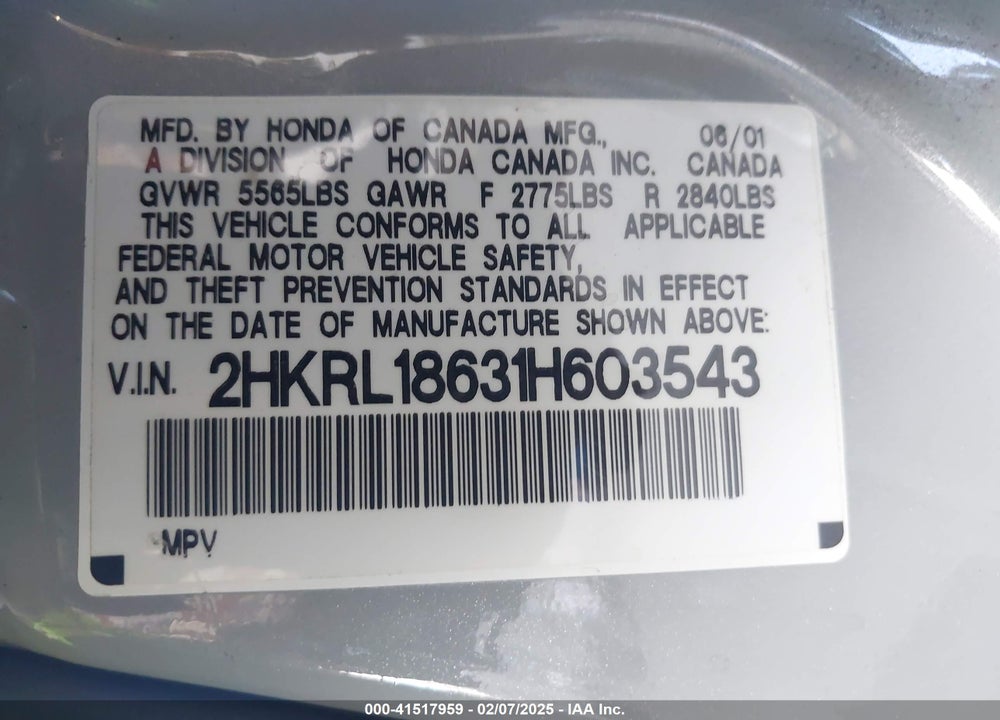 2001 HONDA ODYSSEY EX VIN: 2HKRL18631H603543