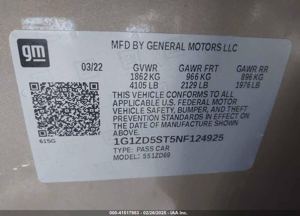 2022 CHEVROLET MALIBU FWD LT VIN: 1G1ZD5ST5NF124925
