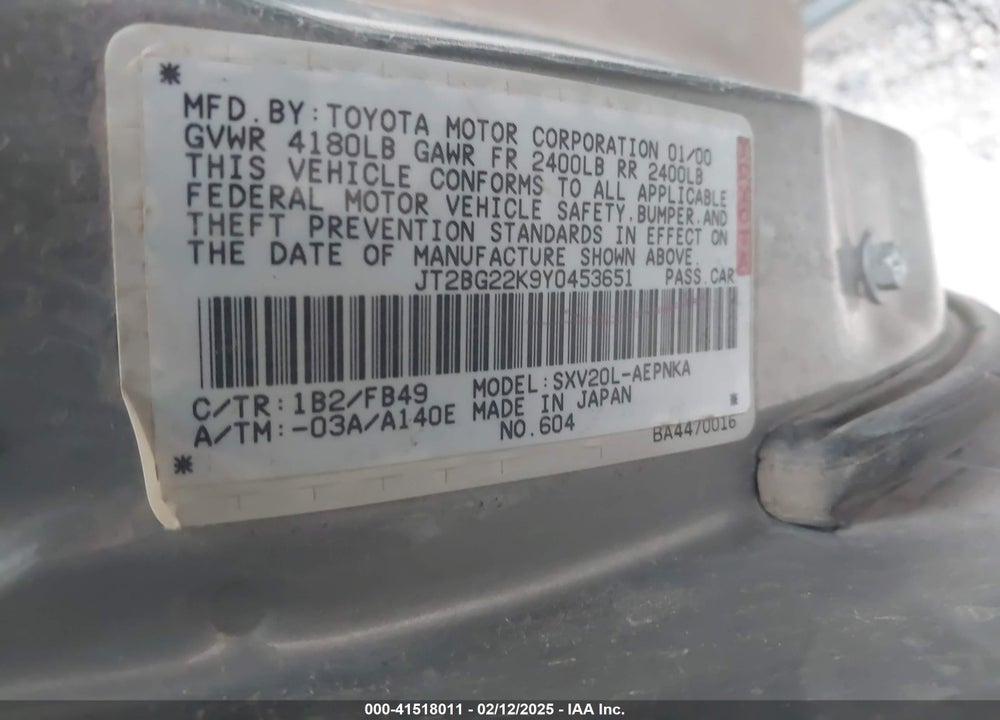2000 TOYOTA CAMRY LE VIN: JT2BG22K9Y0453651