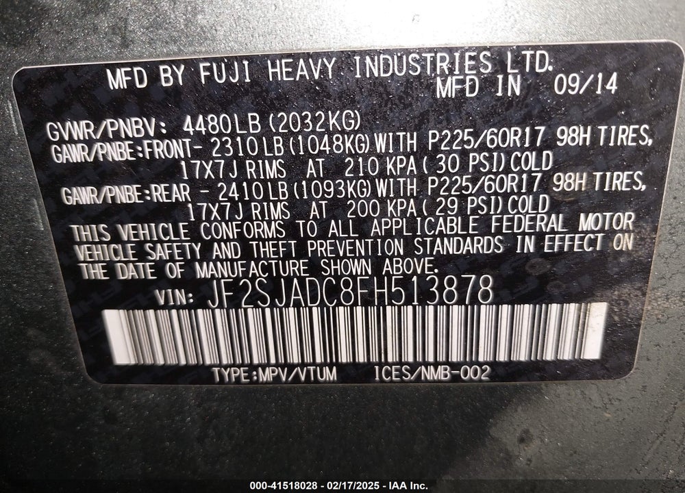 2015 SUBARU FORESTER 2.5I PREMIUM VIN: JF2SJADC8FH513878