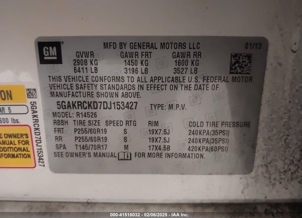 2013 BUICK ENCLAVE LEATHER VIN: 5GAKRCKD7DJ153427