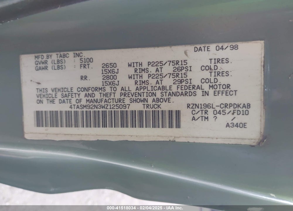 1998 TOYOTA TACOMA PRERUNNER VIN: 4TASM92N3WZ125097