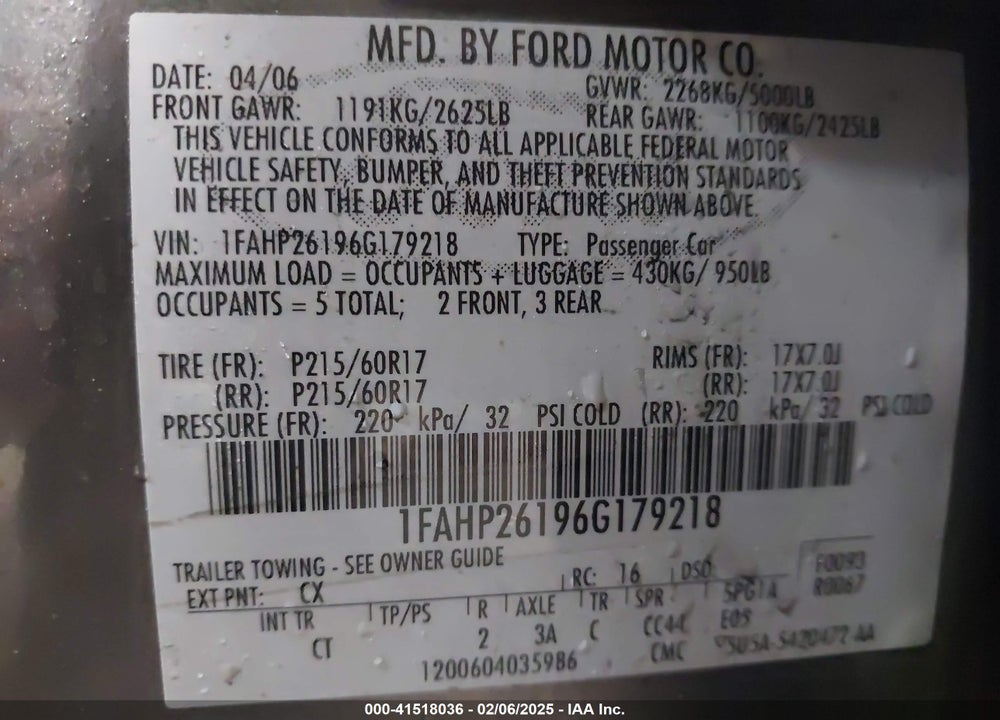2006 FORD FIVE HUNDRED VIN: 1FAHP26196G179218