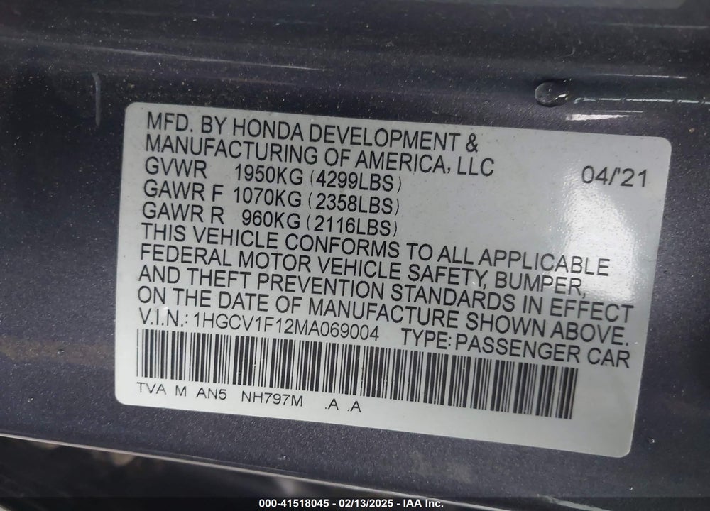 2021 HOND ACCORD SEDAN LX W/CO VIN: 1HGCV1F12MA069004