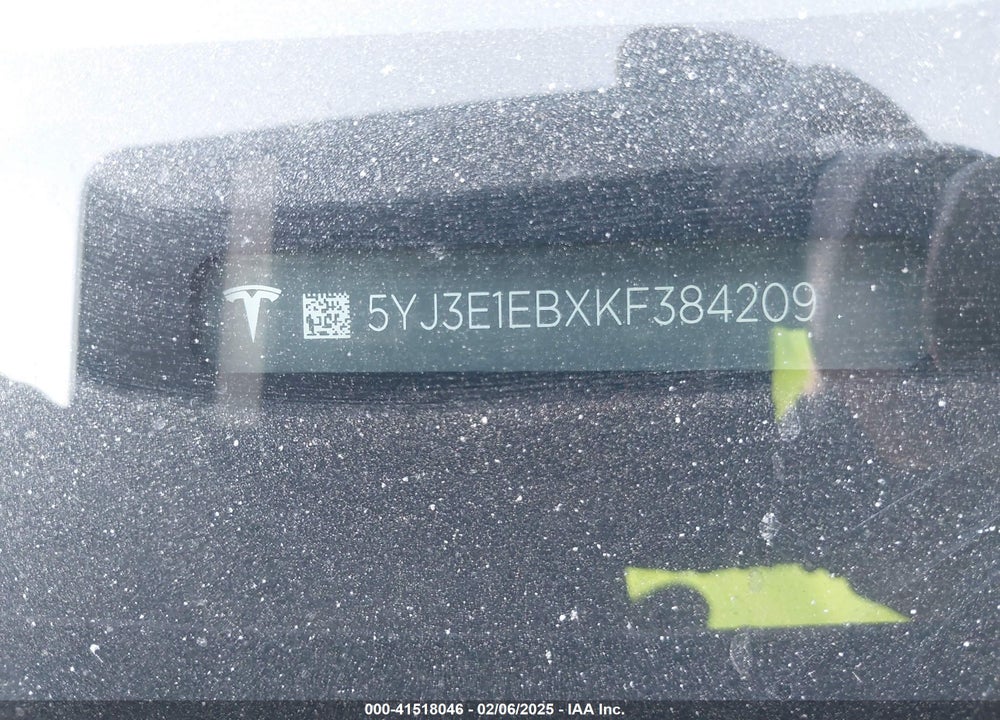 2019 TESLA MODEL 3 VIN: 5YJ3E1EBXKF384209