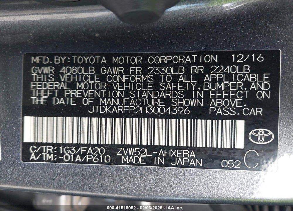 2017 TOYOTA PRIUS PRIME PLUS VIN: JTDKARFP2H3004396