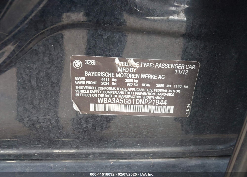2013 BMW 328I VIN: WBA3A5G51DNP21944
