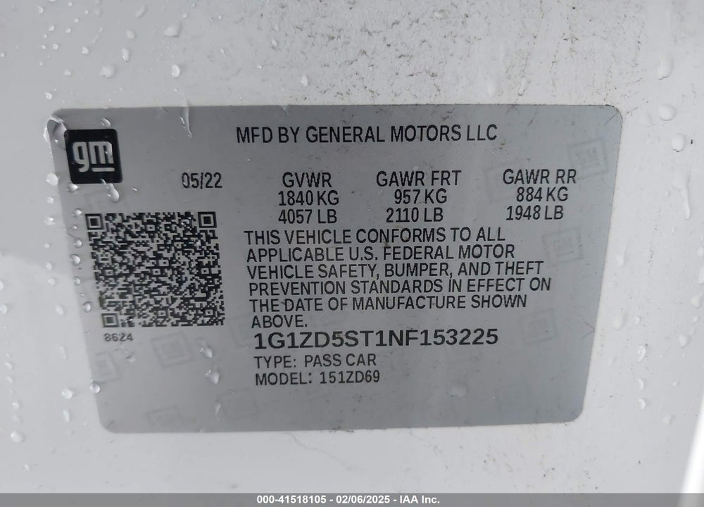 2022 CHEVROLET MALIBU VIN: 1G1ZD5ST1NF153225