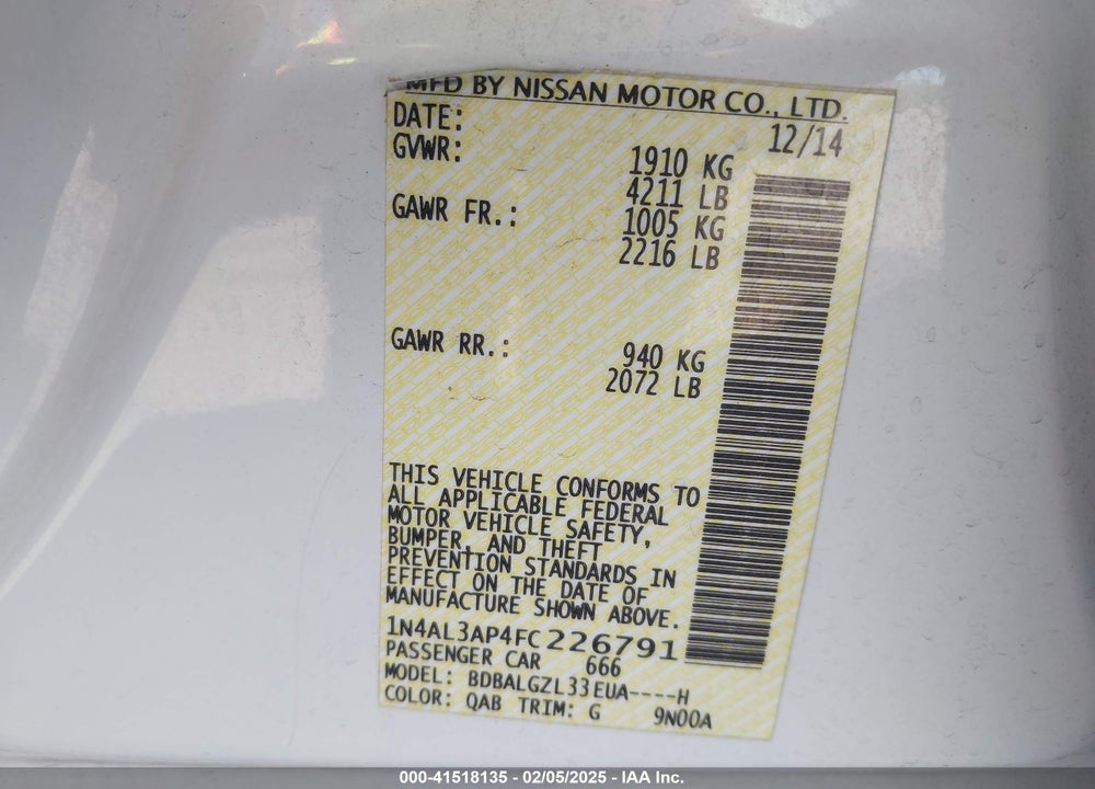 2015 NISSAN ALTIMA VIN: 1N4AL3AP4FC226791