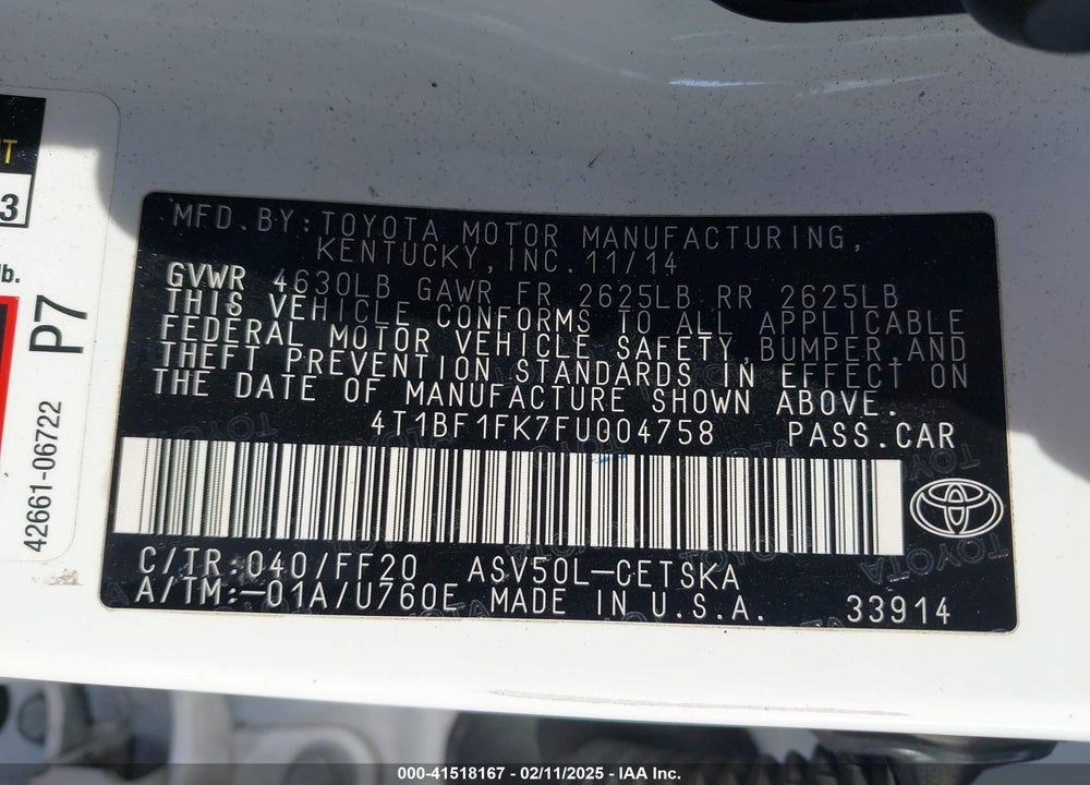 2015 TOYOTA CAMRY VIN: 4T1BF1FK7FU004758