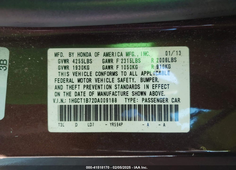 2013 HONDA ACCORD VIN: 1HGCT1B72DA009188
