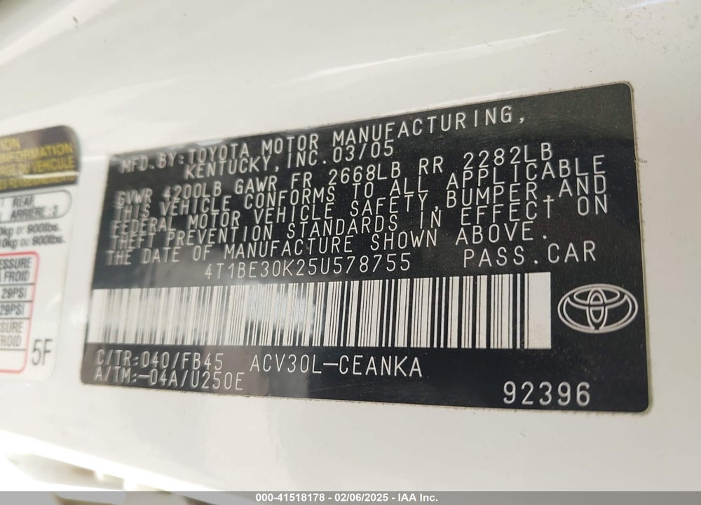 2005 TOYOTA CAMRY LE VIN: 4T1BE30K25U578755