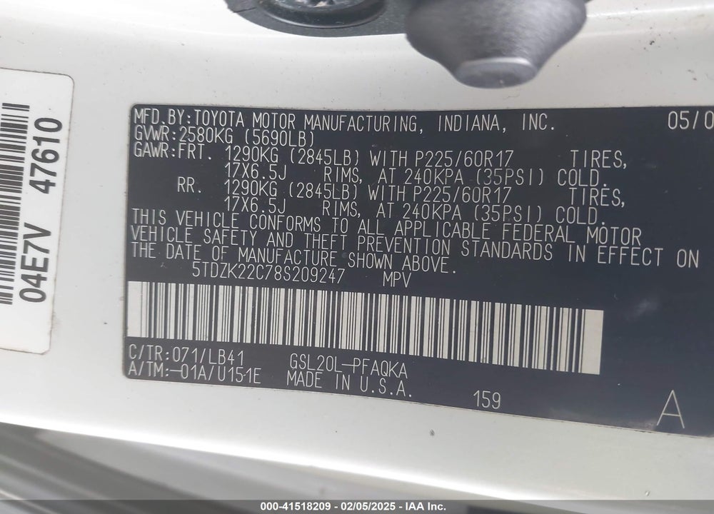 2008 TOYOTA SIENNA LIMITED VIN: 5TDZK22C78S209247