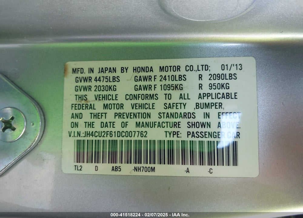 2013 ACURA TSX VIN: JH4CU2F61DC007762