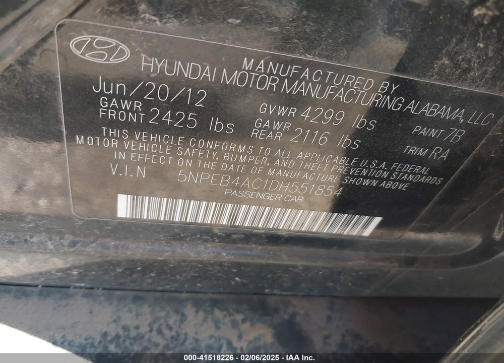 2013 HYUNDAI SONATA GLS VIN: 5NPEB4AC1DH551854