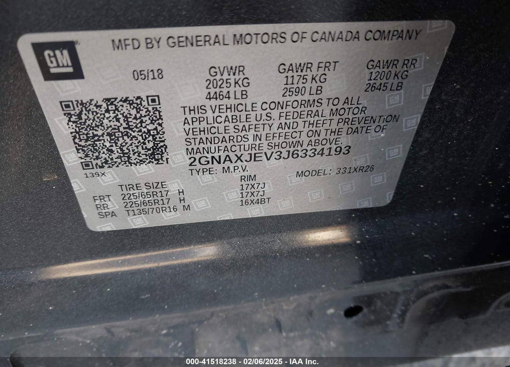 2018 CHEVROLET EQUINOX VIN: 2GNAXJEV3J6334193