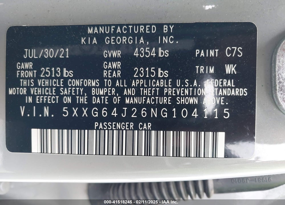 2022 KIA K5 VIN: 5XXG64J26NG104115