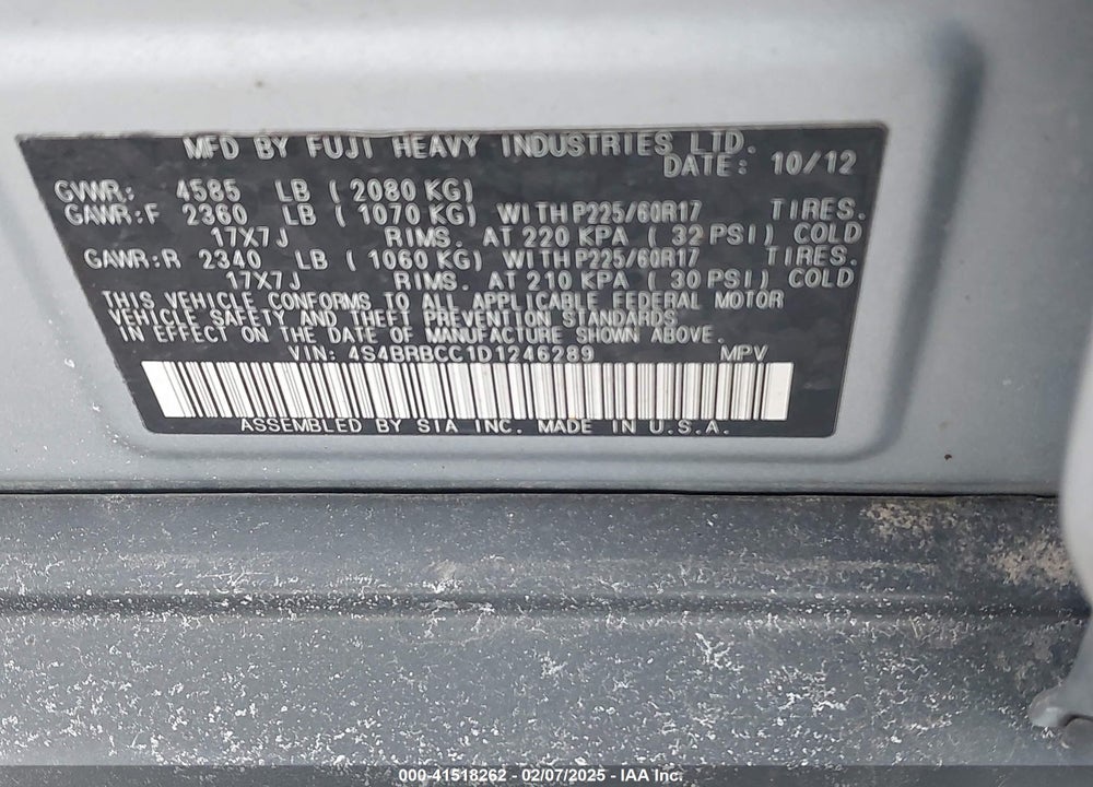 2013 SUBARU OUTBACK VIN: 4S4BRBCC1D1246289