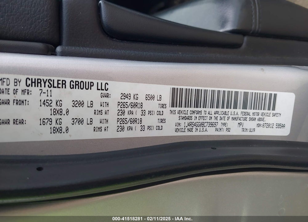 2011 JEEP GRAND CHEROKEE LAREDO VIN: 1J4RS4GG0BC739697