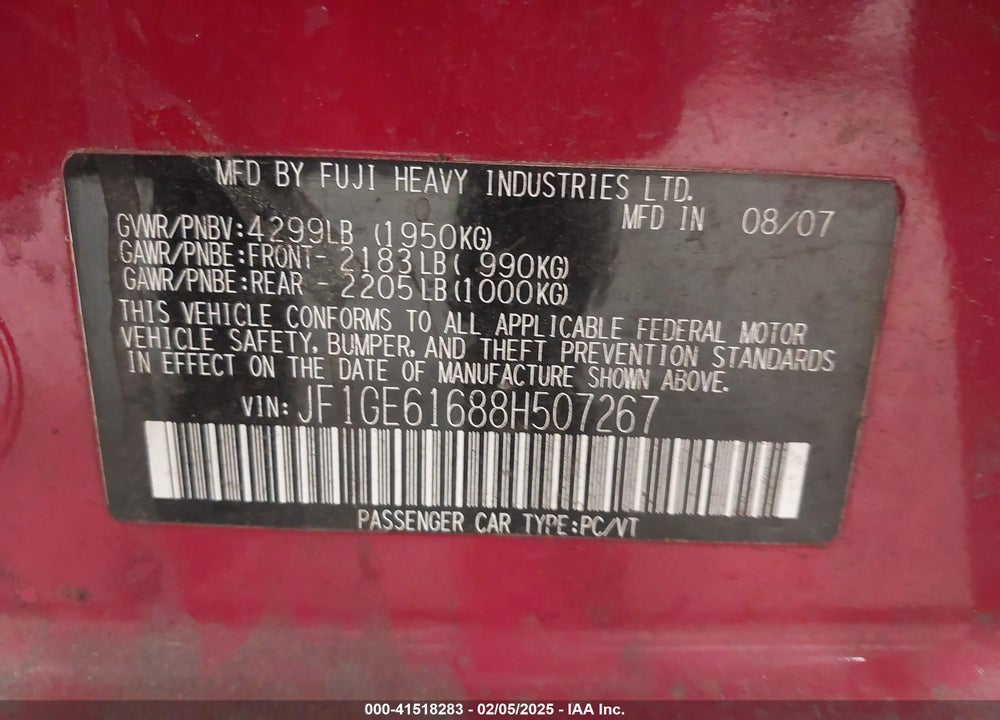 2008 SUBARU IMPREZA 2.5I VIN: JF1GE61688H507267