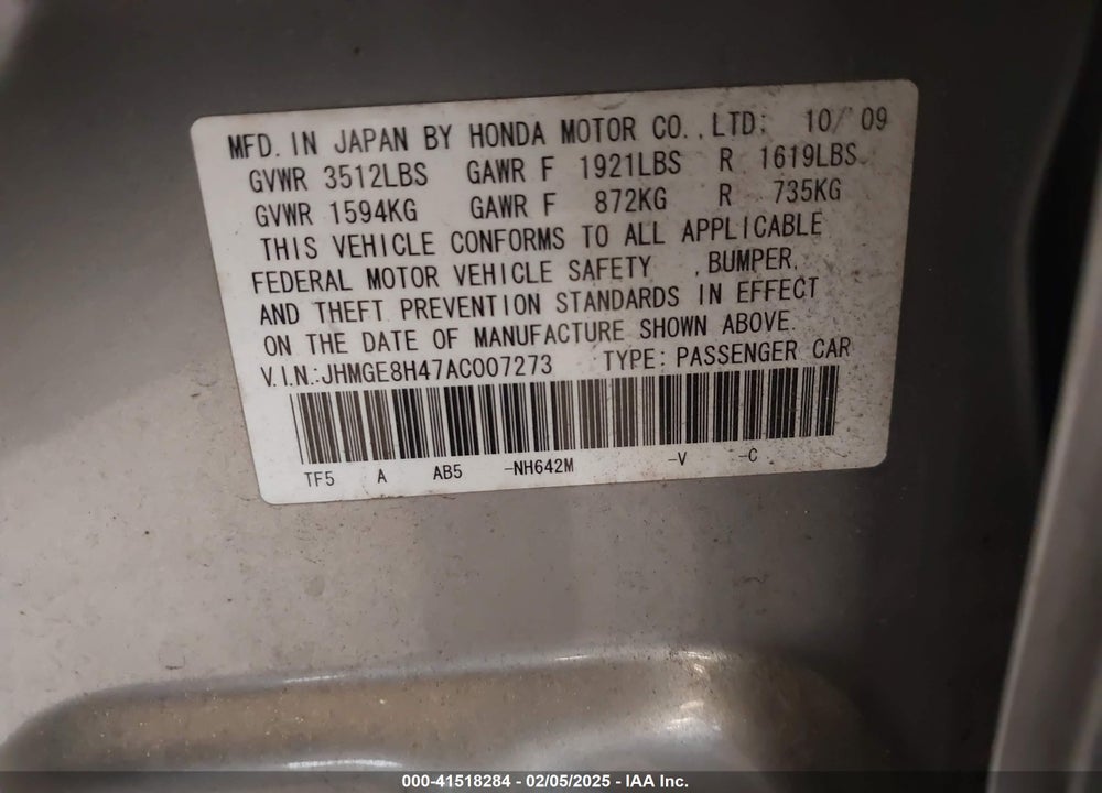2010 HONDA FIT SPORT VIN: JHMGE8H47AC007273