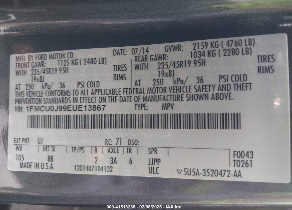 2014 FORD ESCAPE TITANIUM VIN: 1FMCU0J99EUE13867