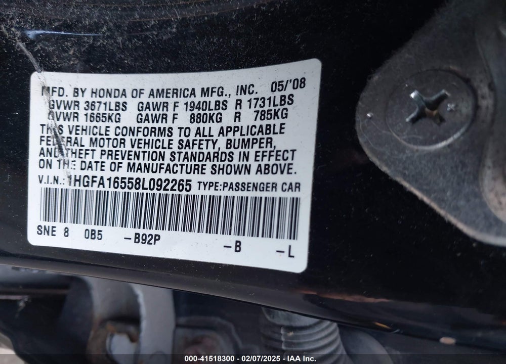 2008 HONDA CIVIC LX VIN: 1HGFA16558L092265