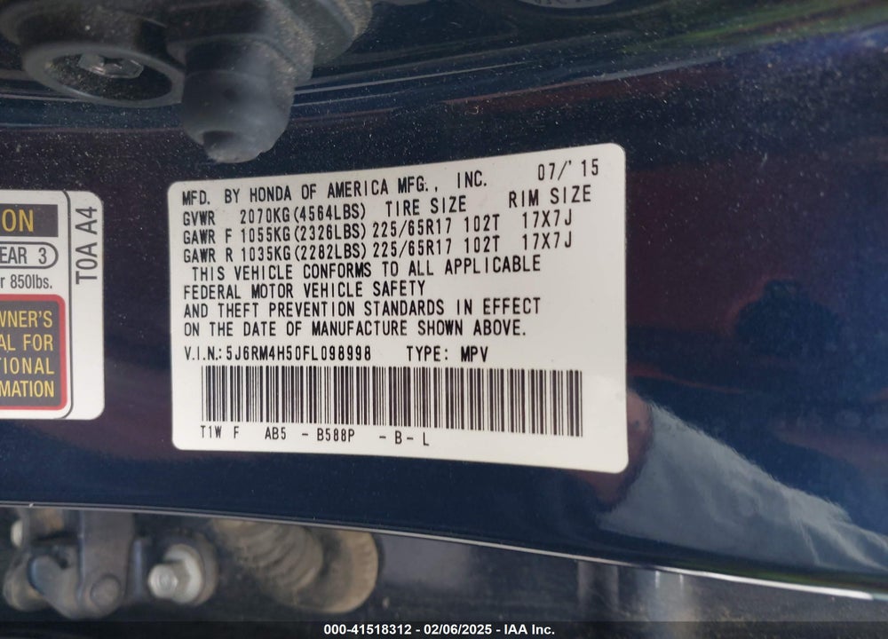 2015 HONDA CR-V EX VIN: 5J6RM4H50FL098998