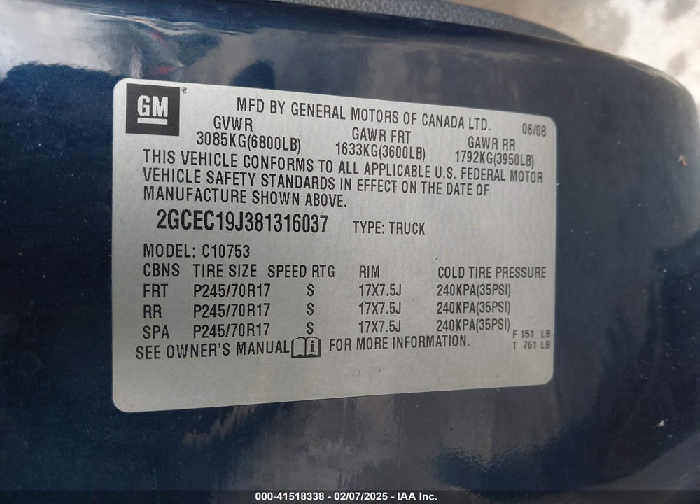 2008 CHEVROLET SILVERADO 1500 LT1 VIN: 2GCEC19J381316037