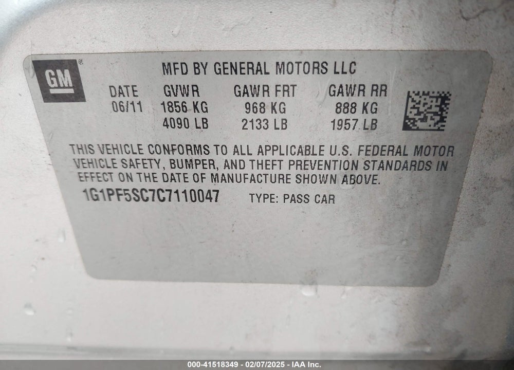 2012 CHEVROLET CRUZE VIN: 1G1PF5SC7C7110047
